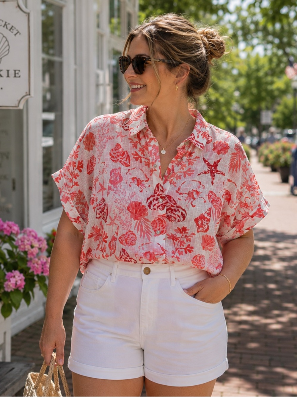 Linen Seashell Print Button Up Coastal Beach Shirt Size L